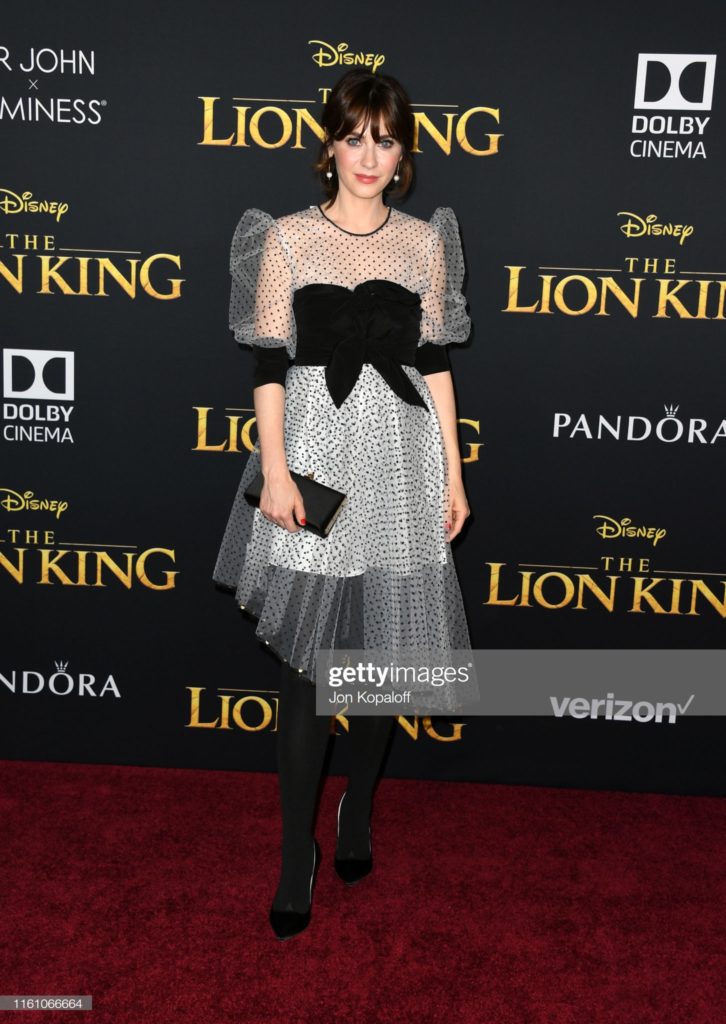 HOLLYWOOD, CALIFORNIA - JULY 09: Zooey Deschanel attends the premiere of Disney's "The Lion King" at Dolby Theatre on July 09, 2019 in Hollywood, California. (Photo by Jon Kopaloff/FilmMagic)