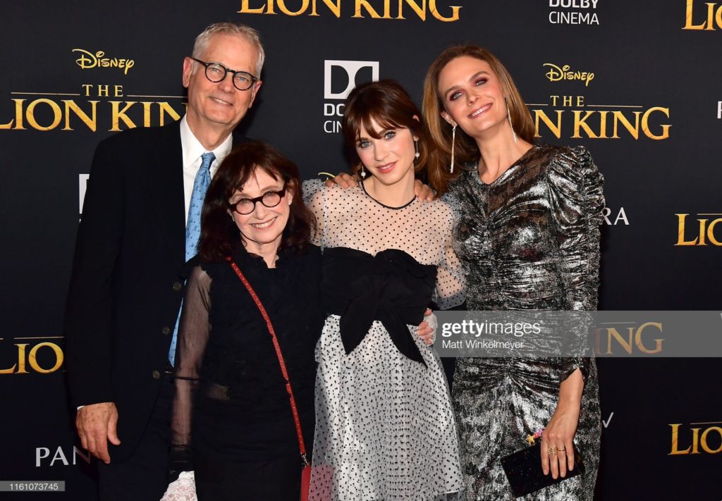 HOLLYWOOD, CALIFORNIA - JULY 09: (L-R) Caleb Deschanel, Mary Jo Deschanel, Zooey Deschanel and Emily Deschanel attends the premiere of Disney's "The Lion King" at Dolby Theatre on July 09, 2019 in Hollywood, California. (Photo by Matt Winkelmeyer/Getty Images)