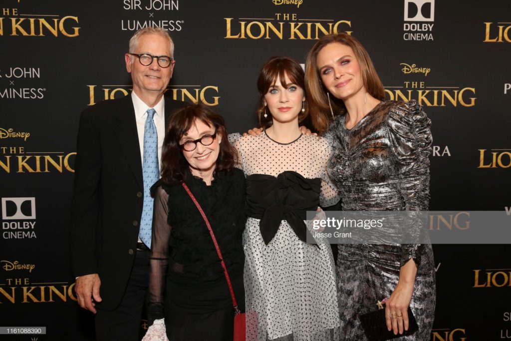 HOLLYWOOD, CALIFORNIA - JULY 09: (L-R) Director of Photography Caleb Deschanel, Mary Jo Deschanel, Zooey Deschanel, and Emily Deschanel attend the World Premiere of Disney's "THE LION KING" at the Dolby Theatre on July 09, 2019 in Hollywood, California. (Photo by Jesse Grant/Getty Images for Disney)