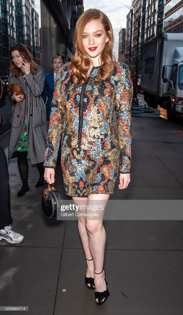 NEW YORK, NEW YORK - FEBRUARY 11: Actress Larsen Thompson is seen arriving to the Naeem Khan fashion show during New York Fashion Week on February 11, 2020 in New York City. (Photo by Gilbert Carrasquillo/GC Images)