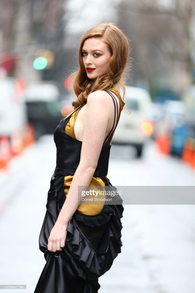 NEW YORK, NEW YORK - FEBRUARY 11: Larsen Thompson is seen wearing a gold and black dress outside of the Vera Wang show during New York Fashion Week on February 11, 2020 in New York City. (Photo by Donell Woodson/Getty Images)
