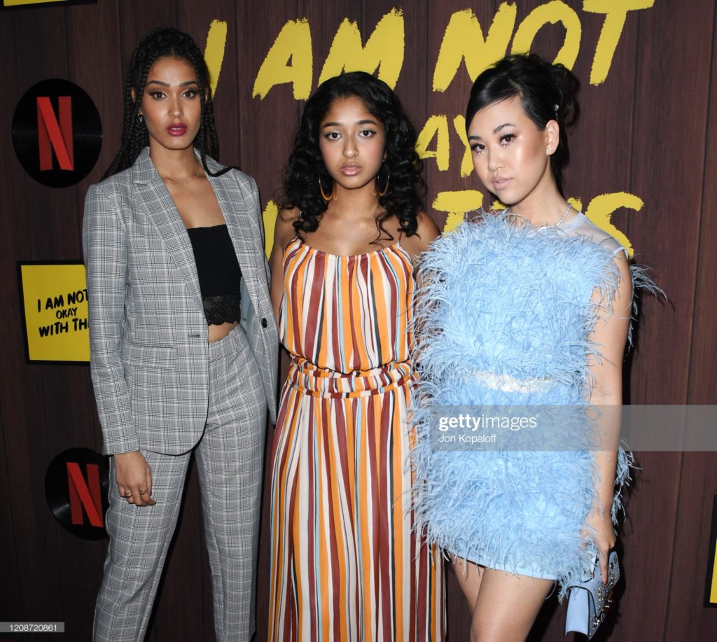 WEST HOLLYWOOD, CALIFORNIA - FEBRUARY 25: Lee Rodriguez, Maitreyi Ramakrishnan and Ramona Young attend Netflix's "I Am Not Okay With This" Photocall at The London West Hollywood on February 25, 2020 in West Hollywood, California. (Photo by Jon Kopaloff/FilmMagic)